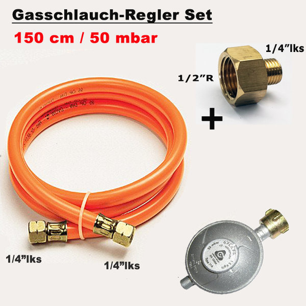 Gasschlauch Druckminderer + Übergang 1/2"R auf 1/4"lks Adapter für Gaskocher Grill