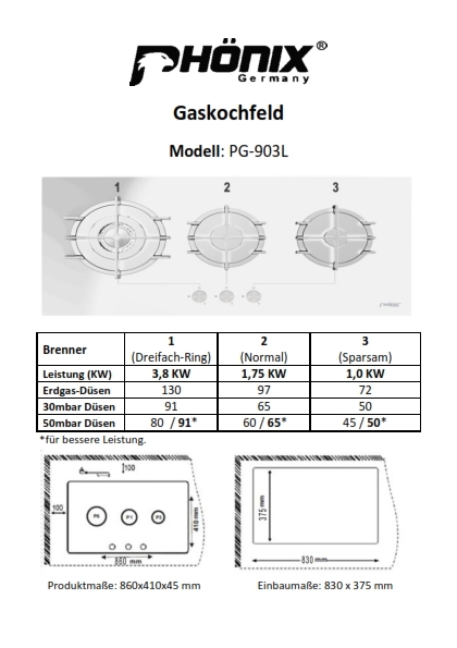 Phönix PG-903L Einbau Gaskochfeld 3 flammig Gaskochmulde Glas Gaskocher Einbauherd 90cm